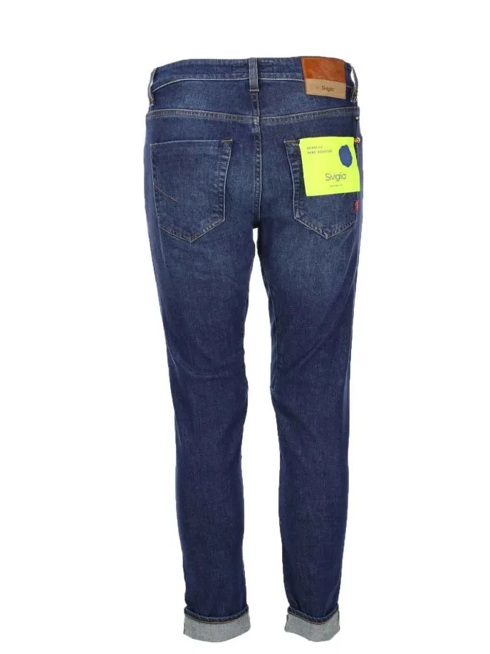 Jeans denim 5 tasche toppa alcantara blu
